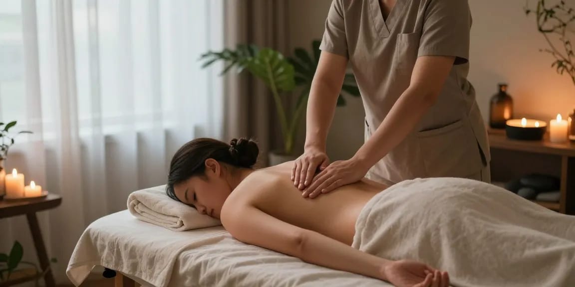 마사지 치료를 받고 있는 고객과 치료사, 아로마 오일과 촛불이 있는 편안한 분위기