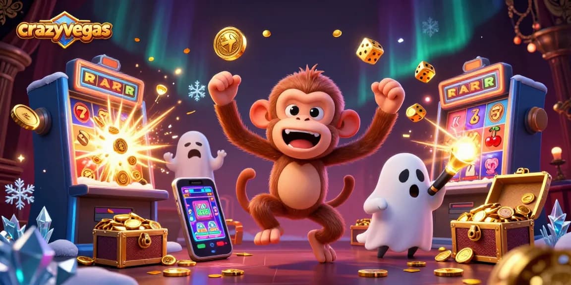 Catch the excitement at crazyvegas with a mystical monkey and a curious puppy in a vibrant casino scene.