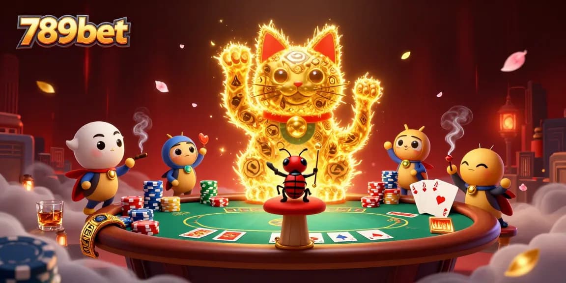 Play poker with 789bet in a vibrant scene featuring a lucky cat, cards, and chips.