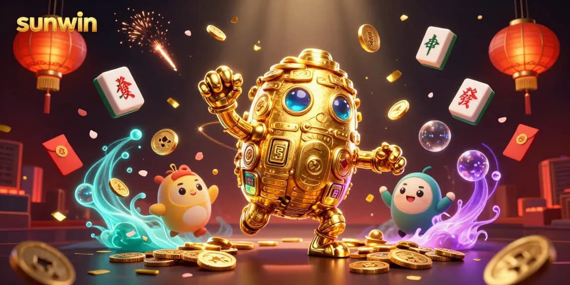 Play exciting sunwin slot games with a vibrant 3D scene showcasing gold golem, jackpot symbols, and festive elements.