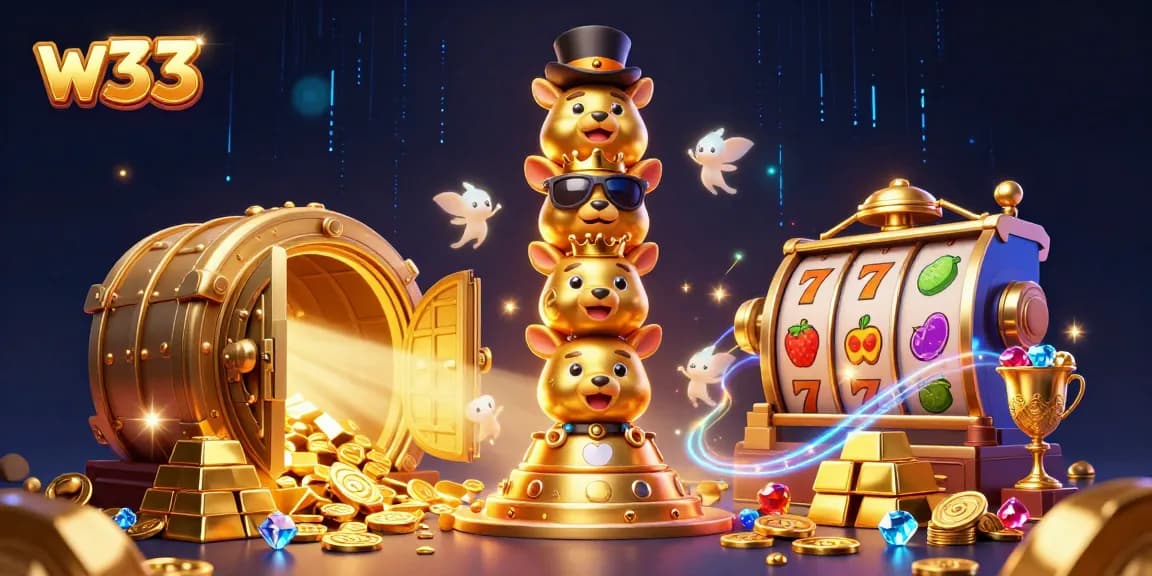 Spin the reels of w33 pokies in a vibrant casino scene filled with treasures and excitement.