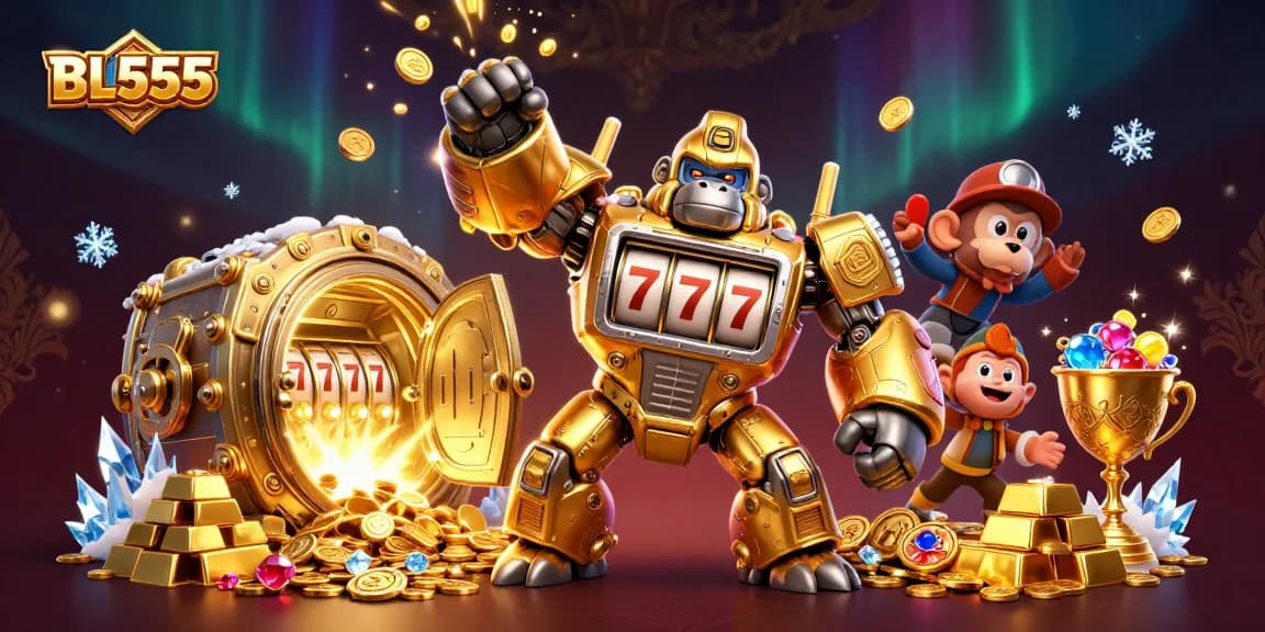 Experience big wins at BL555 with a golden gorilla mech amidst a treasure-filled casino scene.