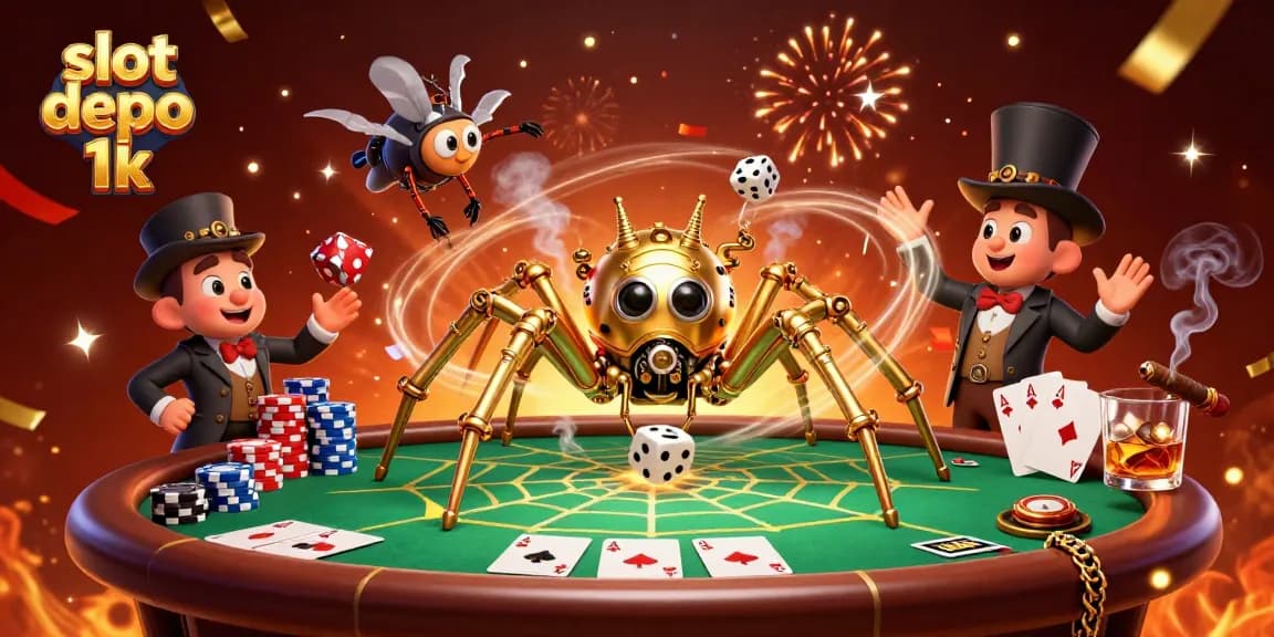 Engaging scene of a steampunk spider and a fly gentleman highlighting slot depo 1k excitement, surrounded by poker elements.