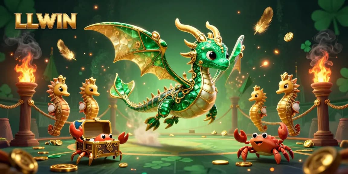 Win big with LLWIN as an emerald sea dragon and treasure are surrounded by casino elements in a vibrant scene.