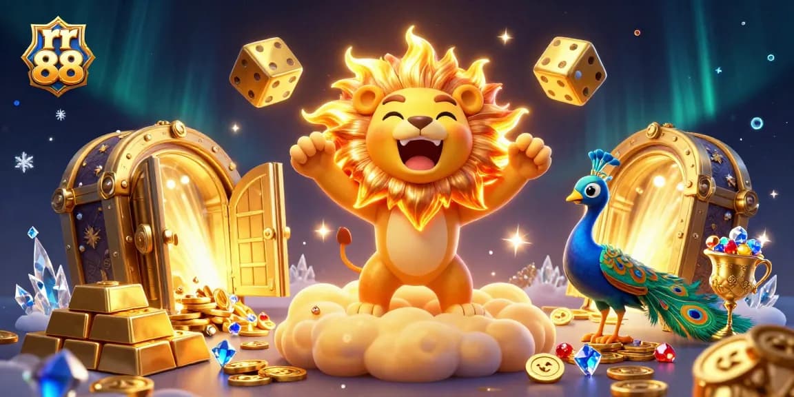 Enjoy thrilling casino adventures with rr 88 as the sun lion and golden dice sparkle in this dynamic scene.