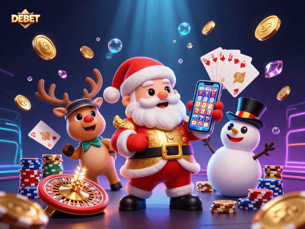 DEBET offers exciting gaming with Santa Claus, a dealer reindeer, and a poker chip snowman in a vibrant casino scene.