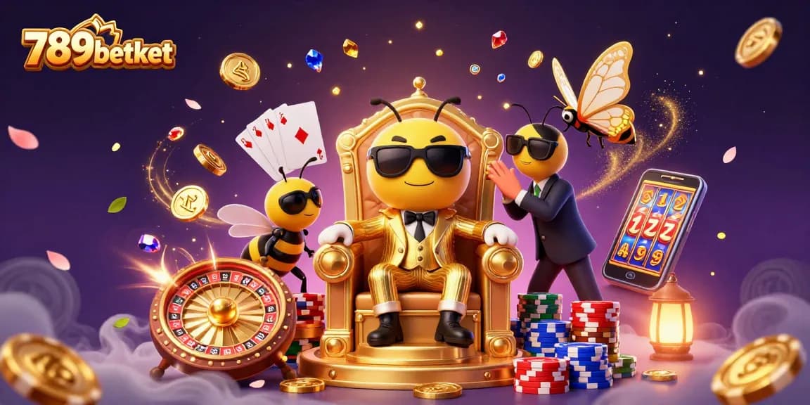 Experience the excitement of 789betket as gold coins cascade around 3D characters in a vibrant casino scene.