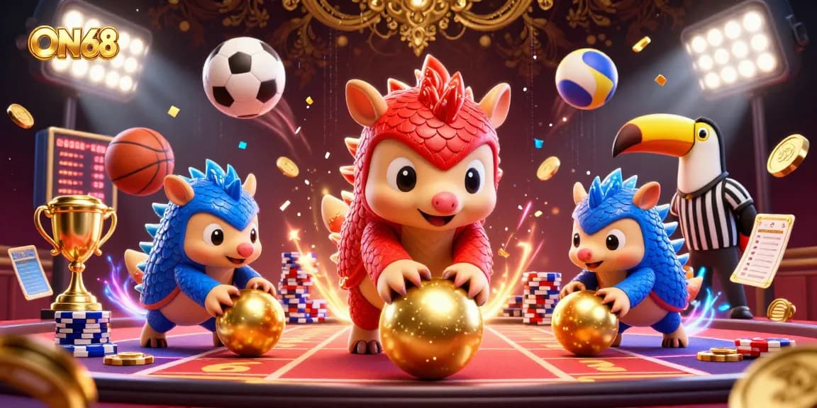 Experience ON68 with rival pangolins competing in a vibrant casino scene filled with sports elements.