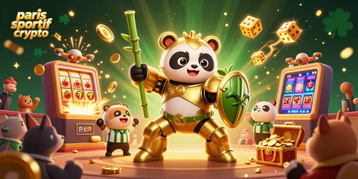 Pari sportif crypto : Découvrez le panda doré dans un combat animé, entouré d'éléments de jeu colorés et dynamiques.