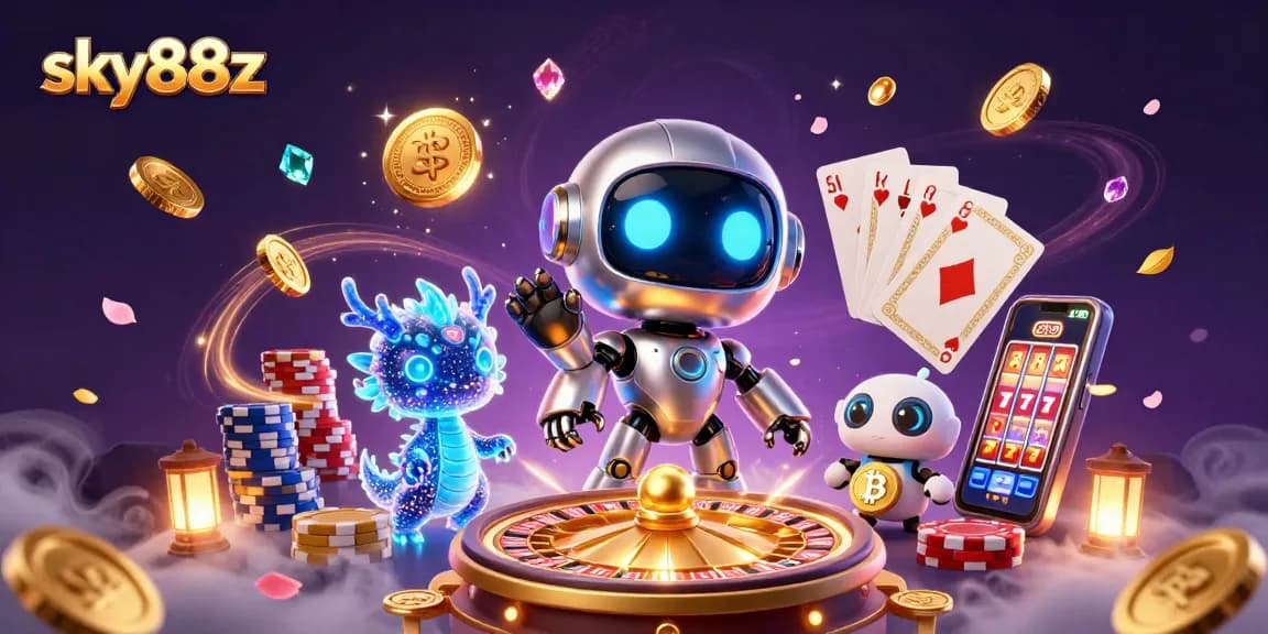 Experience sky88z gaming excitement with a vibrant 3D illustration of futuristic casino elements.