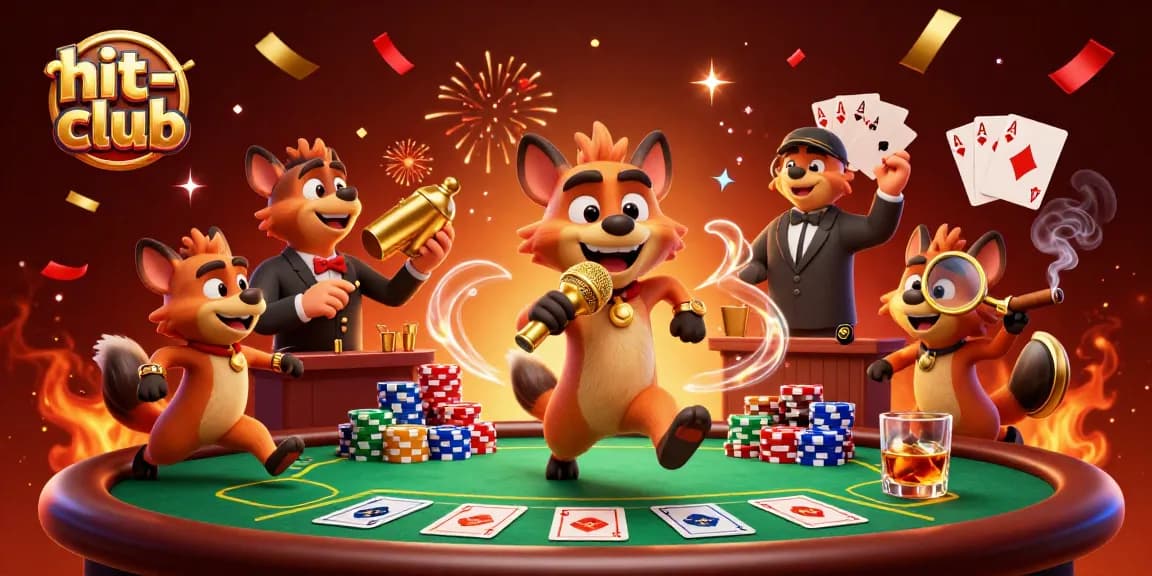Hit-club hyenas entertain in a vibrant comedy casino scene with poker elements and celebration effects.