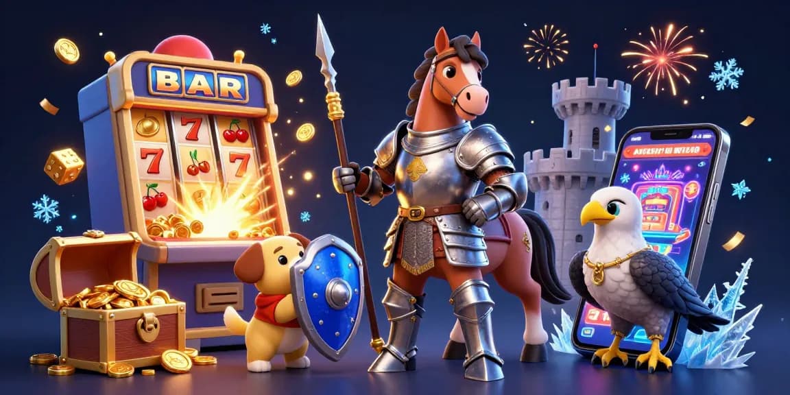 Experience the excitement at MAN88 with a vibrant casino scene featuring a knight, puppy, and falcon amidst slot machine action.