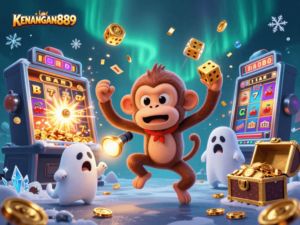 Experience the thrill of KENANGAN889 with a whimsical scene of a playful ghost and ghost-hunter puppy amidst casino excitement.