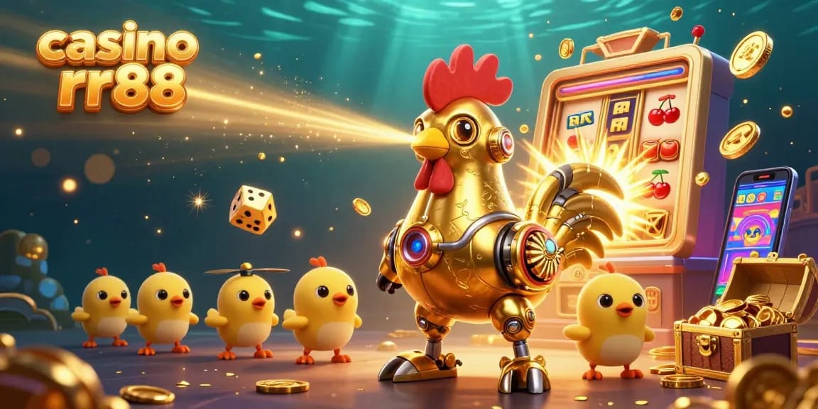 Engage with casino rr88's vibrant gaming world in this dynamic illustration featuring a golden rooster robot and baby chick drones.