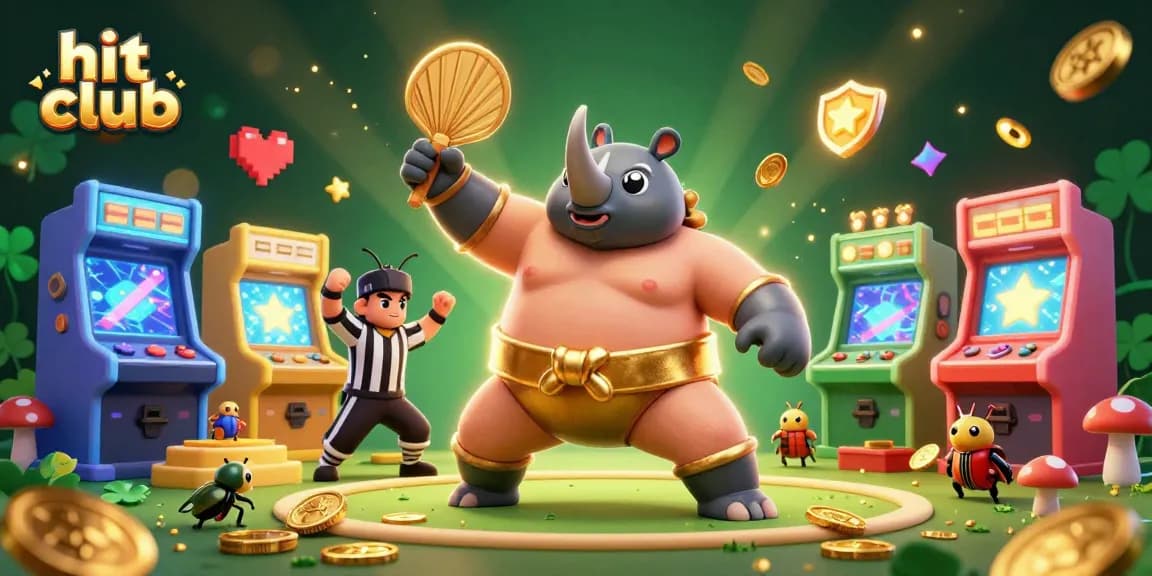 Hit club features a vibrant 3D illustration of a sumo beetle champion in a casino scene, bursting with golden coins.
