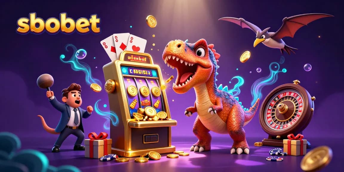 Experience sbobet excitement as a pachycephalosaurus hits a golden slot machine, coins flying