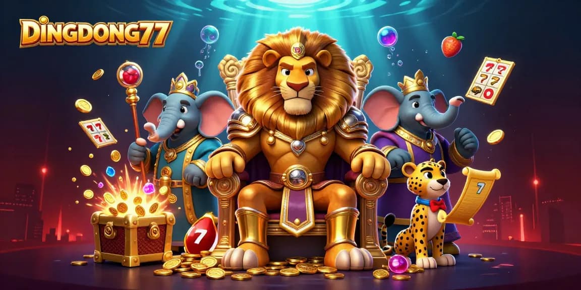 DINGDONG77 brings excitement to the casino scene with a dynamic illustration of a lion king and his advisors among vibrant slot reels and treasures.