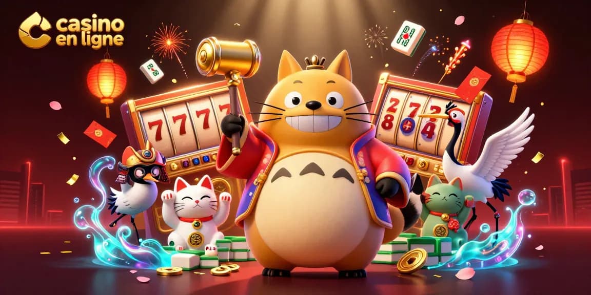 Illustration vibrante de casino en ligne avec un tanuki, une grue et des maneki-neko. Ambiance festive et éléments de jeux de machines à sous.