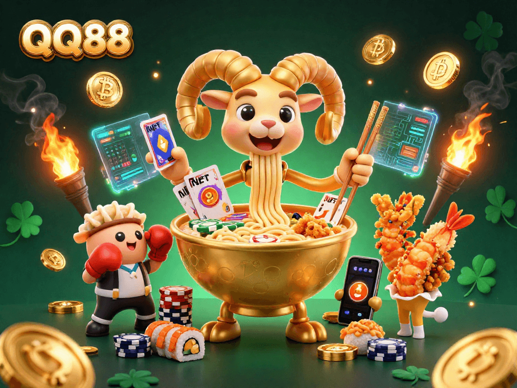 Engage with QQ88's dynamic casino atmosphere featuring vibrant characters and crypto elements.