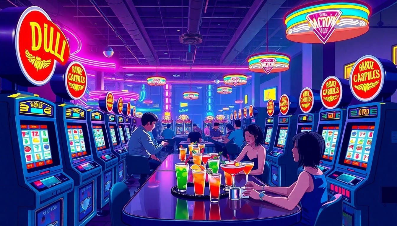Aktivitas bermain kasino dengan mesin slot bbni4d yang klasik dan neon di latar belakang