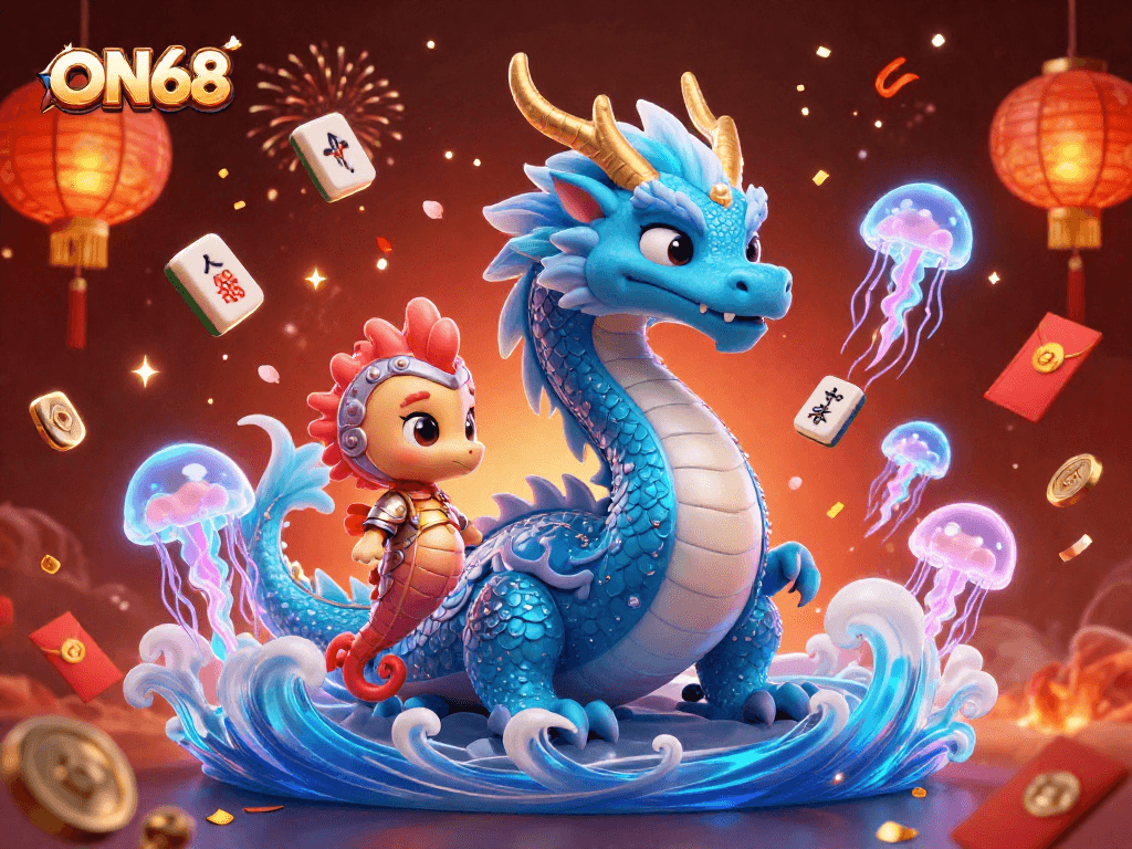 Experience thrilling slots at ON68 with stunning illustrations of a fantasy dragon and aquatic elements.