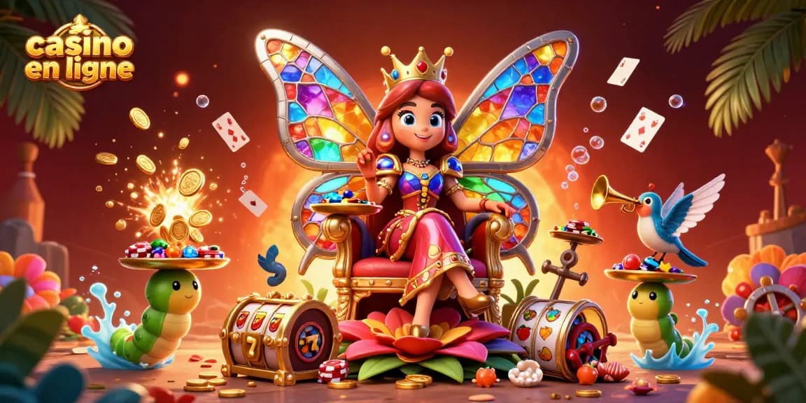 Casino en ligne : mettre en scène une reine papillon 3D entourée de jetons et de trésors.