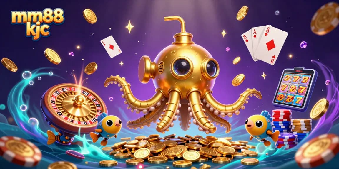 Engage with the vibrant mm88 kjc scene featuring a golden kraken submarine and casino elements.