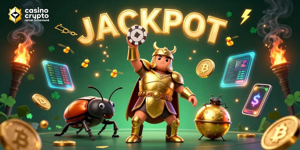 Visualisez le casino crypto retrait instantané avec un scarabée en armure dorée levant un jeton de poker, entouré de monnaies Bitcoin et Ethereum.
