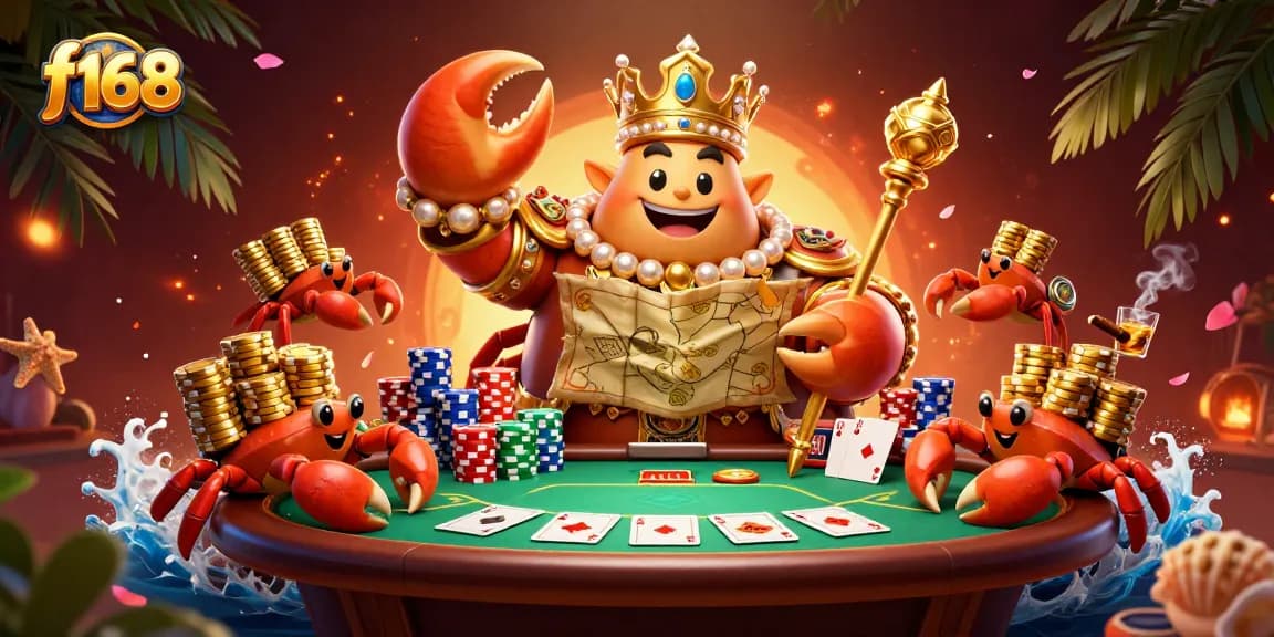 Experience the excitement of f168's vibrant casino scene with golden crab emperor and poker elements.