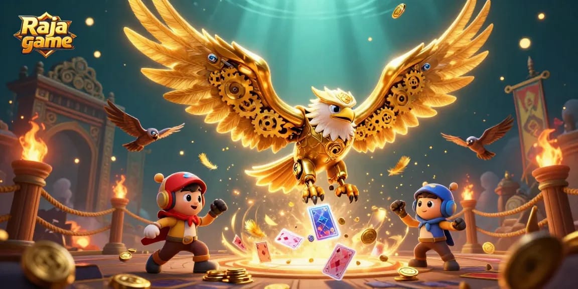 Experience the thrill of Raja game with golden eagle diving through casino-themed elements.