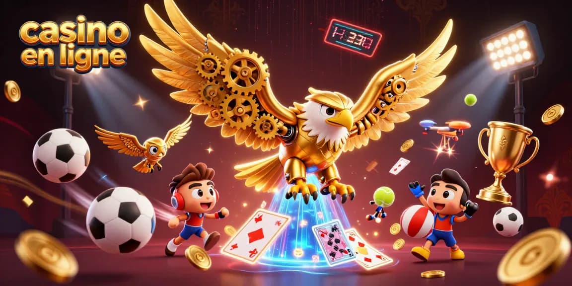 Le casino en ligne apporte une représentation vibrante avec un aigle cybernétique plongeant parmi des cartes holographiques.