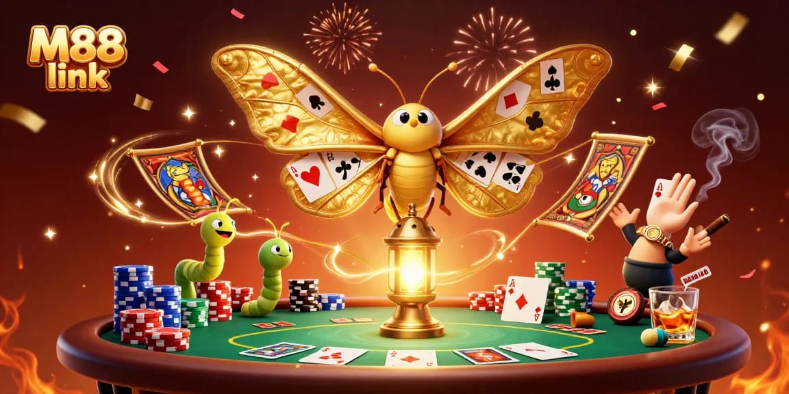 Bet on M88 link for poker excitement featuring a spectacular atlas moth and casino scenes.