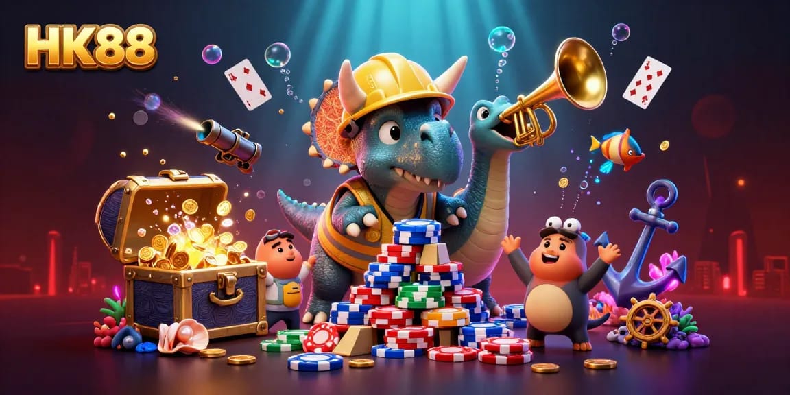 Experience HK88's vibrant gambling world with cartoon dinosaurs celebrating a poker chips pyramid amidst underwater treasures.