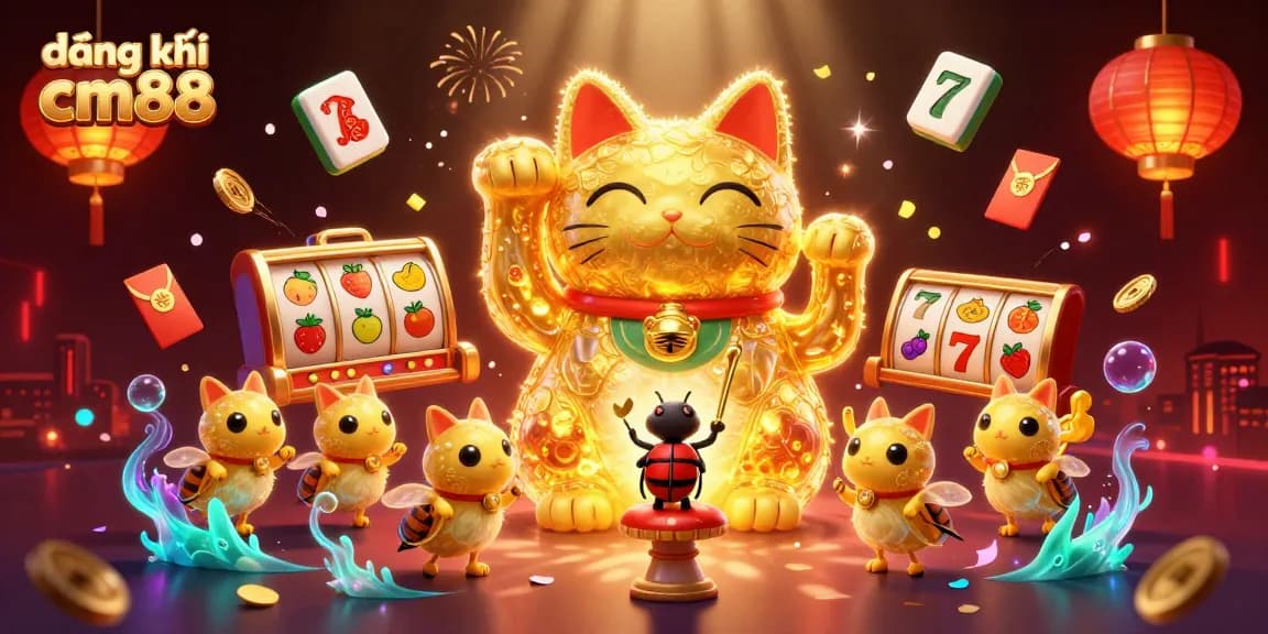 Capture the excitement of đăng ký cm88 with a dynamic illustration featuring a lucky cat and slot reels.