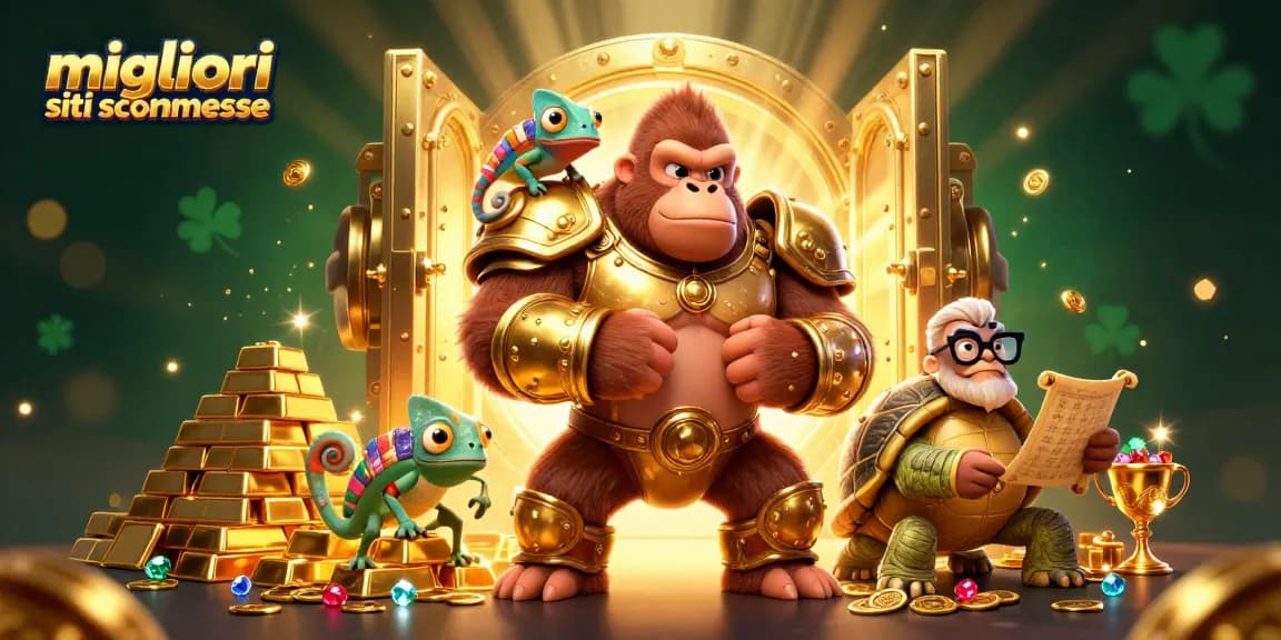 Scopri i migliori siti scommesse con il gorilla re in armatura dorata e il camaleonte compagno.