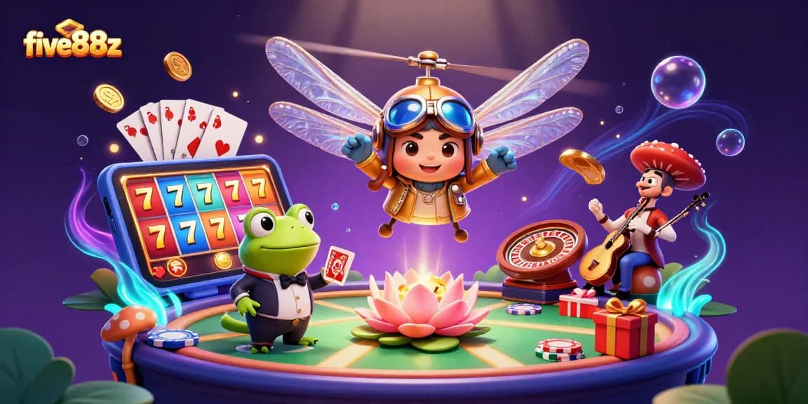 Experience the vibrant action at five88z with a dragonfly pilot and a frog croupier among lively casino elements.