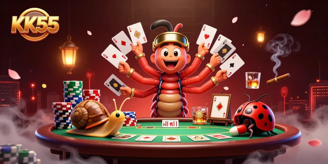 Engage with KK55 at a bustling poker scene featuring a dynamic millipede dealer and high-stakes snail