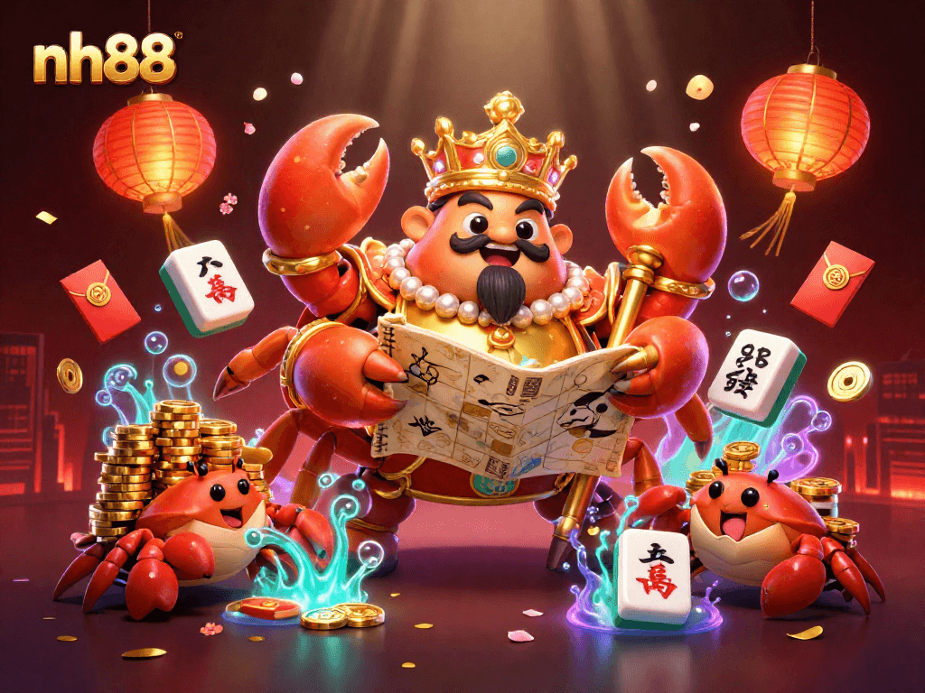 nh88 showcases a vibrant online casino scene featuring a golden crab emperor and treasure map elements.