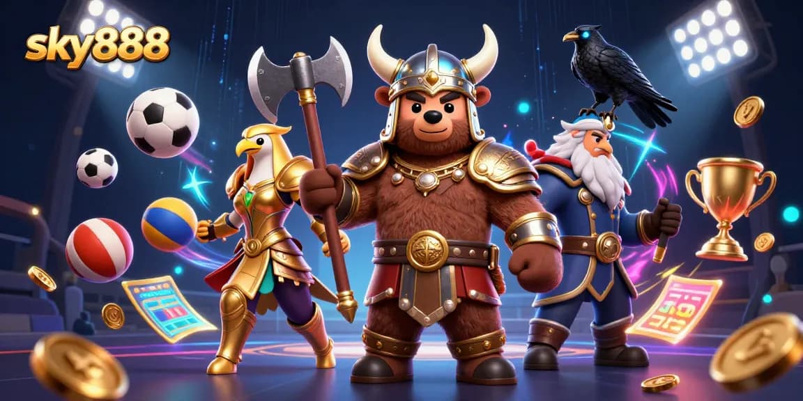 Engage with sky888 sports betting excitement featuring cartoon Viking characters, trophies, and dynamic game elements.