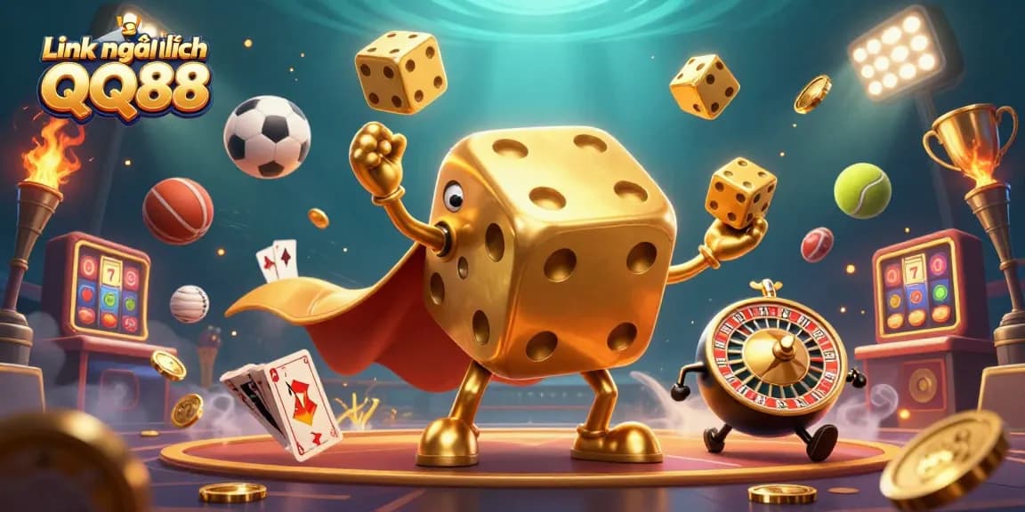 Link mới nhất QQ88 showcases exciting casino dynamics with golden dice and sports elements.