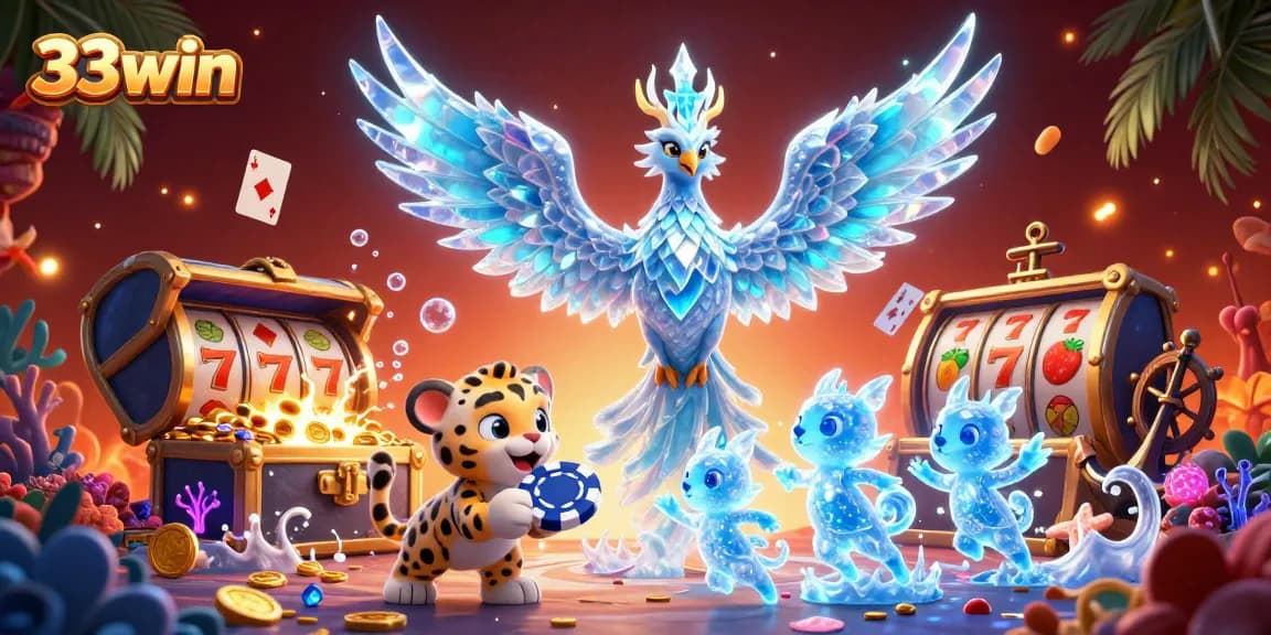 Engage in thrilling action with 33win as an ice phoenix and vibrant characters illuminate a dynamic casino scene.