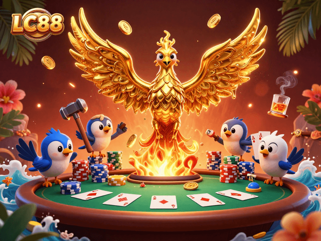 Experience the excitement of gaming at LC88 with a molten gold phoenix and vibrant poker action.