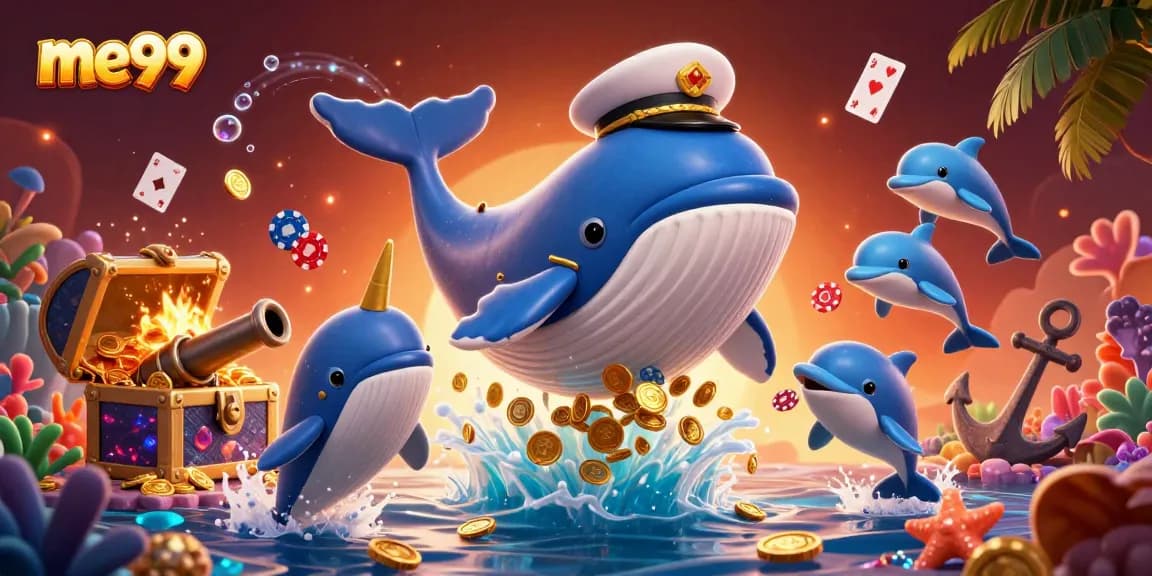 Join the excitement at me99 with a vivid 3D illustration featuring whales and dolphins amidst vibrant casino treasures.