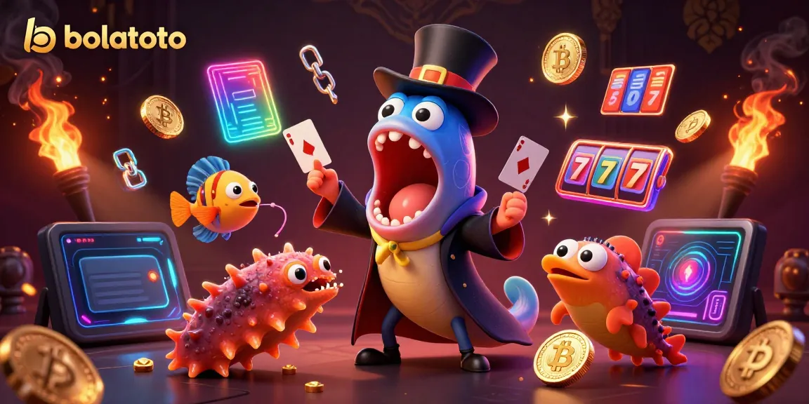 Experience the thrilling magic at bolatoto, featuring animated underwater characters performing card tricks amidst vibrant slots and crypto elements.