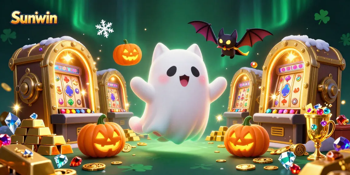 Sunwin's captivating ghost cat and bat in a vibrant casino scene, showcasing exciting slot machines and glowing treasures.