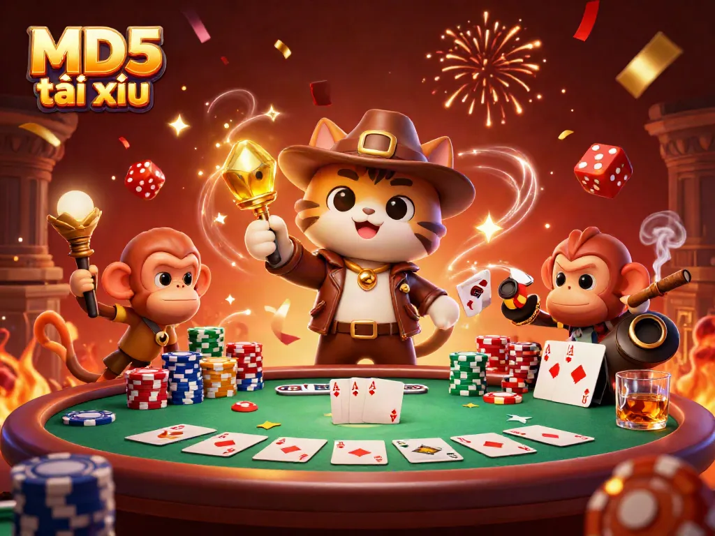 Experience the thrill of MD5 tài xỉu with an adventurous cat in a vivid casino scene.