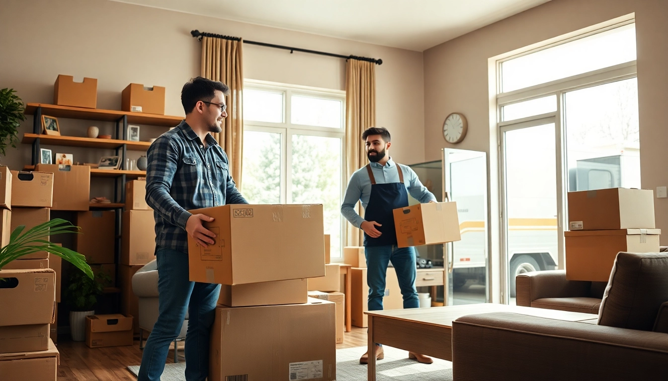 Movers arranging furniture while providing moving services in vinice in a warm, inviting home.