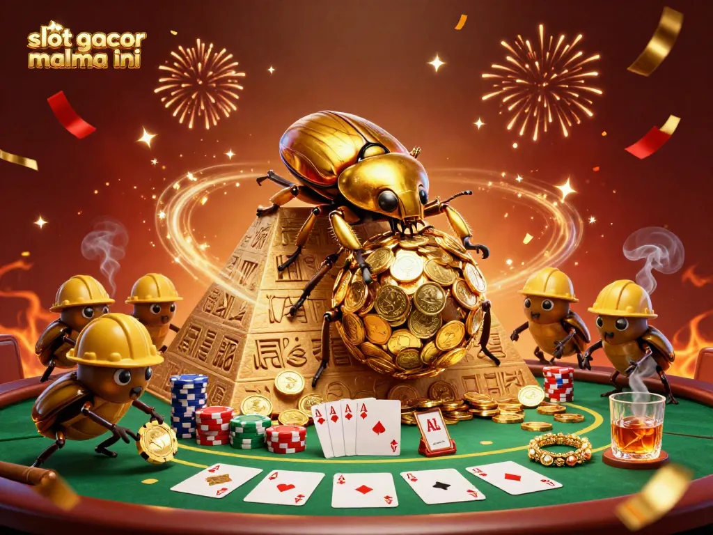 Experience excitement with slot gacor malma ini featuring golden beetles rolling coins at a vibrant casino backdrop.