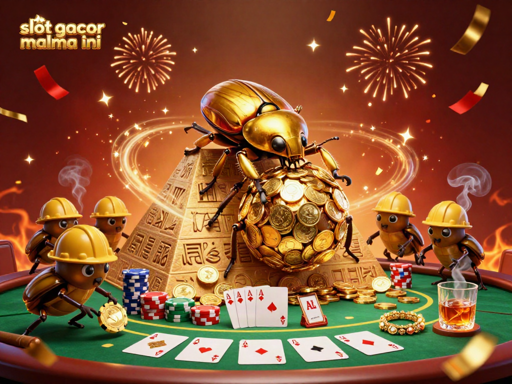 Experience excitement with slot gacor malma ini featuring golden beetles rolling coins at a vibrant casino backdrop.