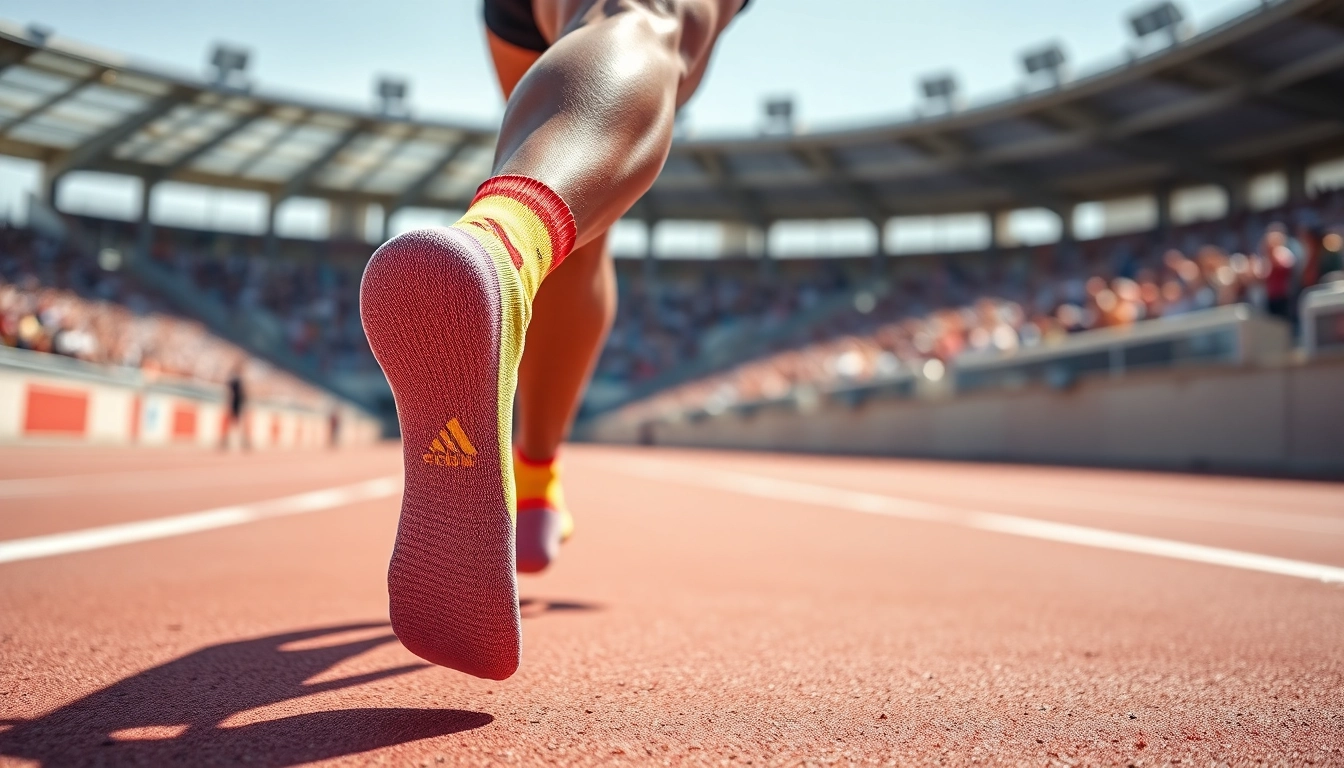 Showcases breathable running socks during energetic training on an outdoor track.